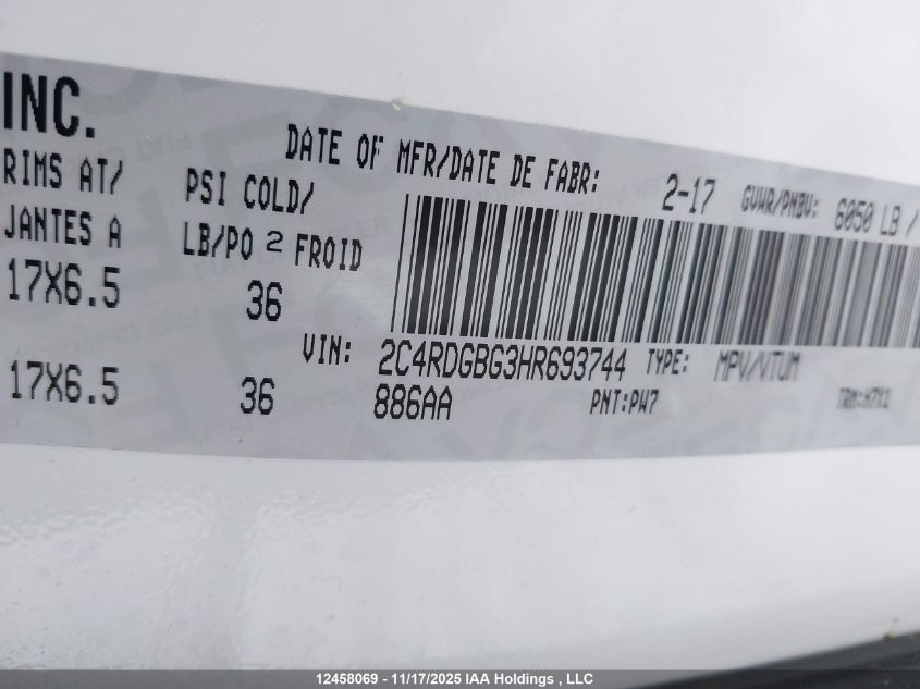 2017 Dodge Grand Caravan Se VIN: 2C4RDGBG3HR693744 Lot: 12458069