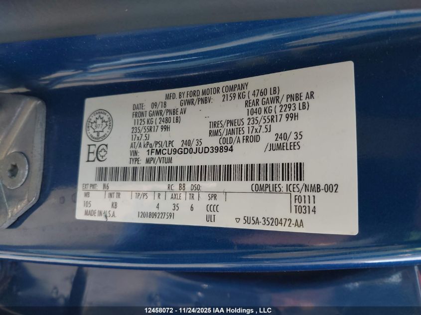 2018 Ford Escape VIN: 1FMCU9GD0JUD39894 Lot: 12458072