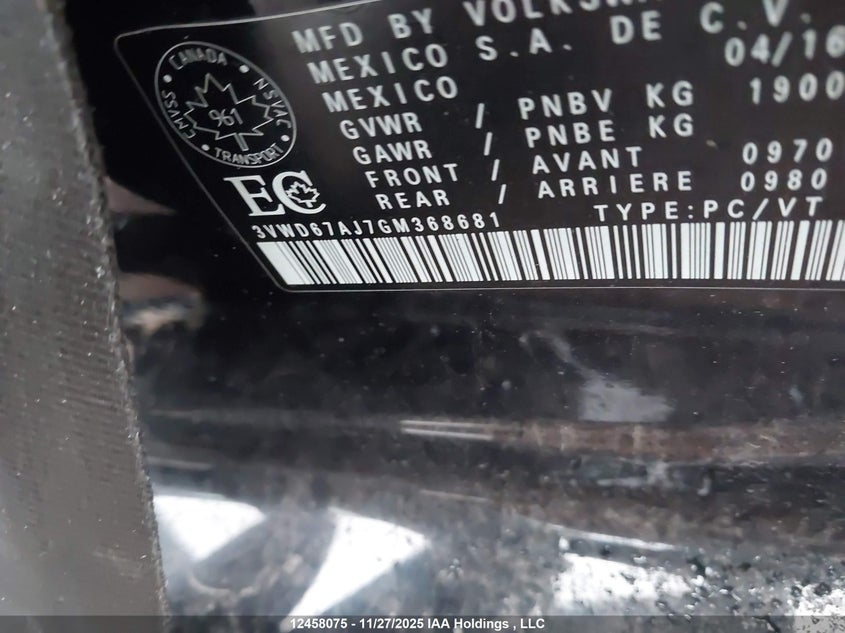 2016 Volkswagen Jetta 1.4 Tsi Comfortline VIN: 3VWD67AJ7GM368681 Lot: 12458075