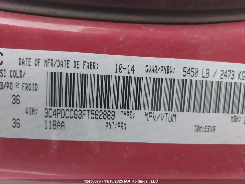 2015 Dodge Journey Sxt VIN: 3C4PDCCG3FT562869 Lot: 12458078