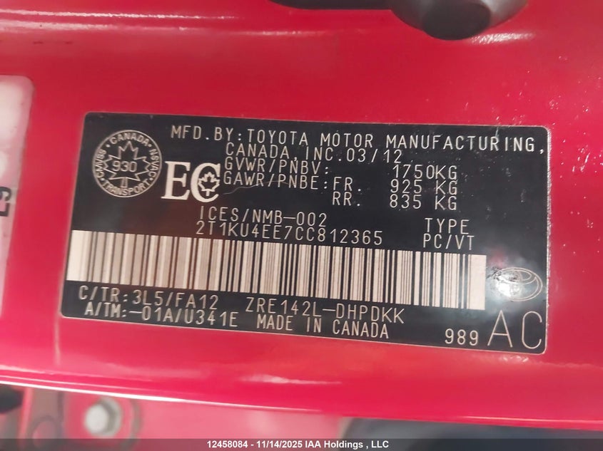 2012 Toyota Matrix Wagon VIN: 2T1KU4EE7CC812365 Lot: 12458084