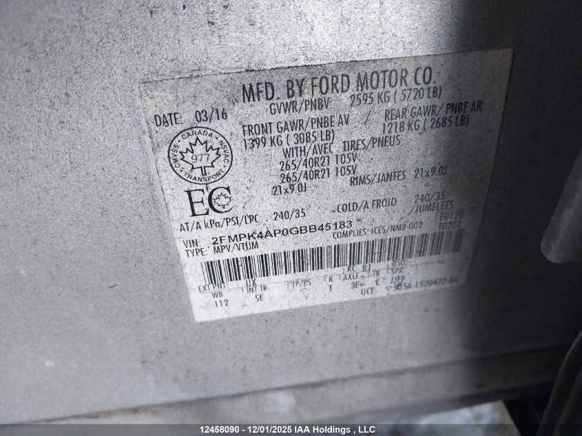 2016 Ford Edge Sport VIN: 2FMPK4AP0GBB45183 Lot: 12458090