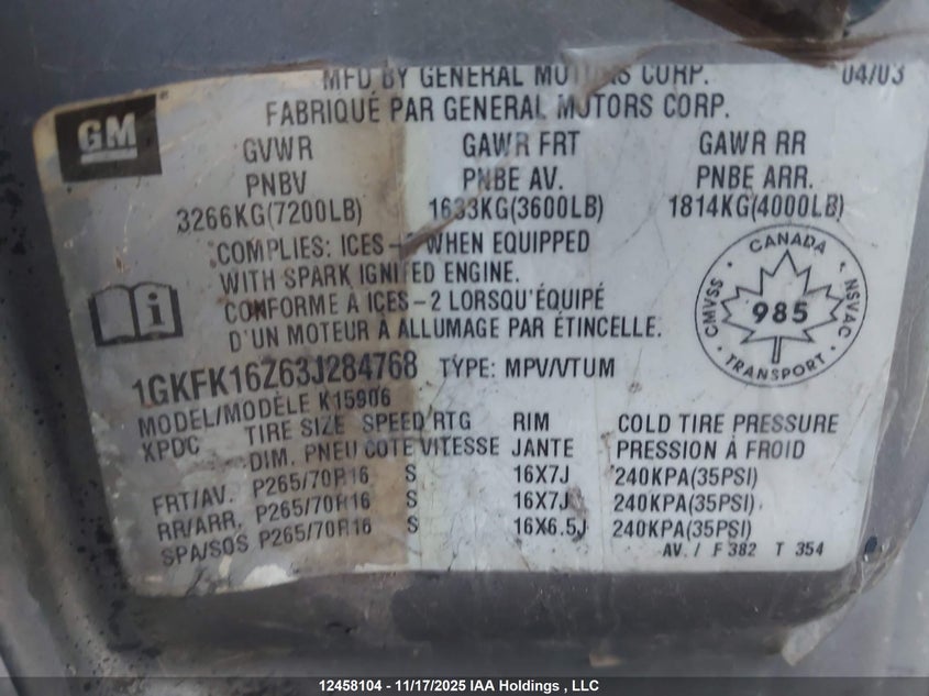 2003 GMC Yukon Xl 1500 Sle/Slt VIN: 1GKFK16Z63J284768 Lot: 12458104