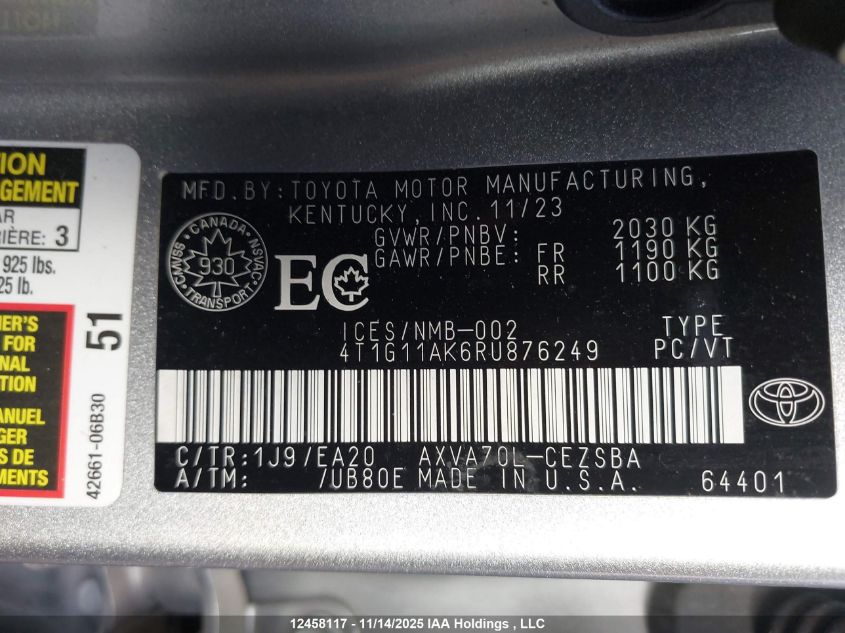 2024 Toyota Camry Se Night Shade/Se VIN: 4T1G11AK6RU876249 Lot: 12458117