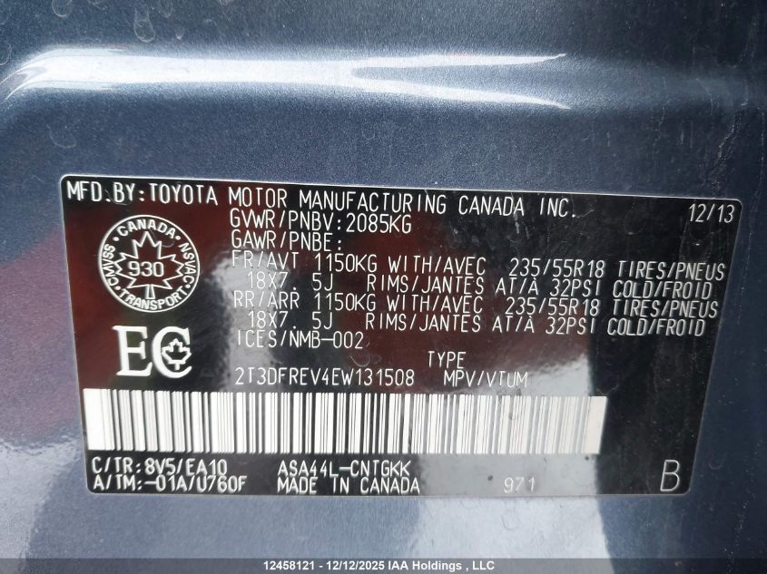 2014 Toyota Rav4 Limited VIN: 2T3DFREV4EW131508 Lot: 12458121