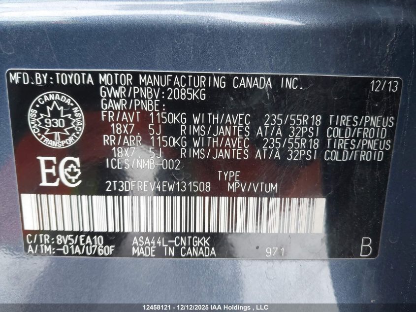 2014 Toyota Rav4 Limited VIN: 2T3DFREV4EW131508 Lot: 12458121