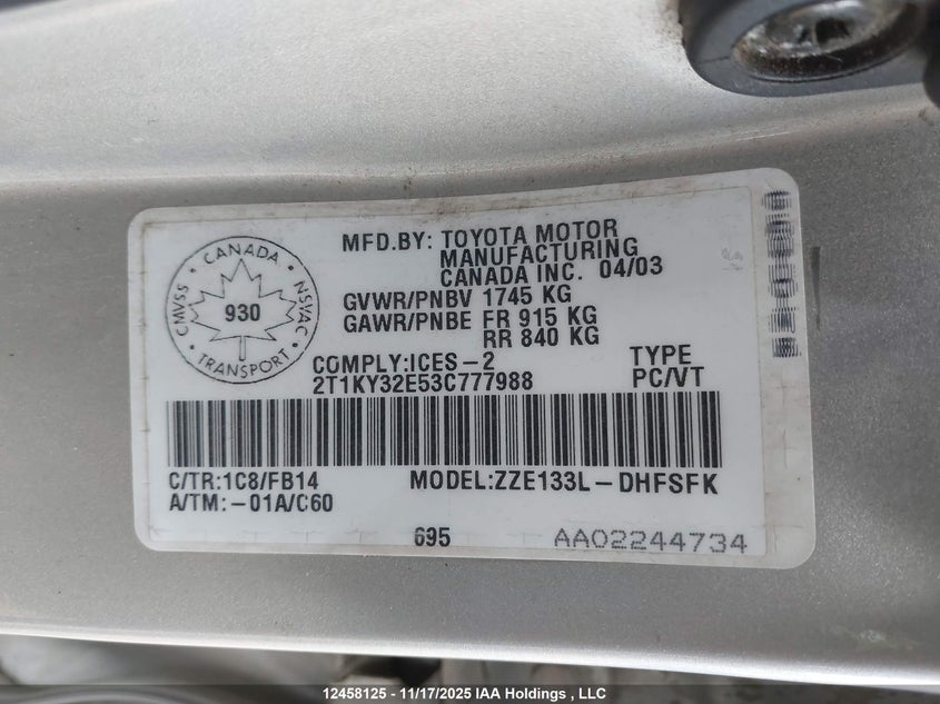 2003 Toyota Matrix Xrs VIN: 2T1KY32E53C777988 Lot: 12458125