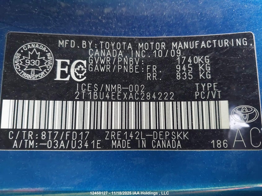 2010 Toyota Corolla S/Le/Xle VIN: 2T1BU4EEXAC284222 Lot: 12458127