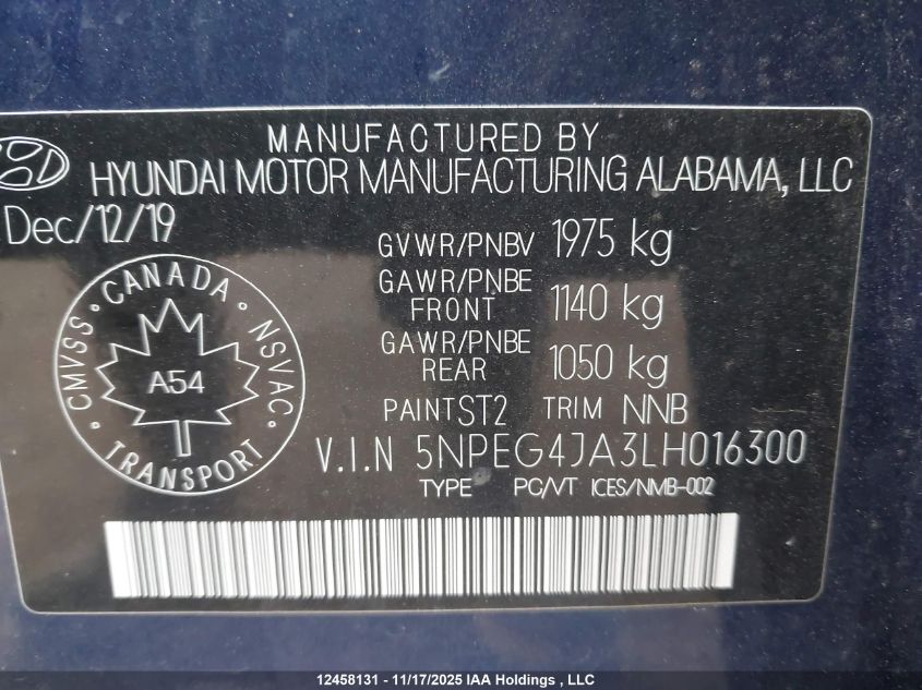 2020 Hyundai Sonata Se VIN: 5NPEG4JA3LH016300 Lot: 12458131