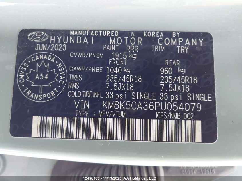2023 Hyundai Kona Limited VIN: KM8K5CA36PU054079 Lot: 12458165