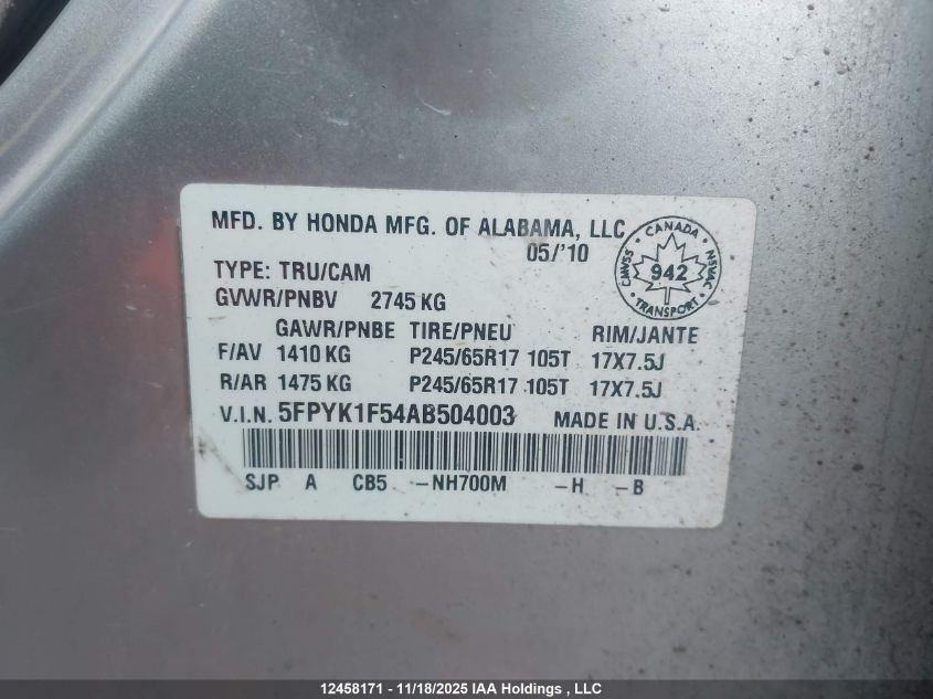 2010 Honda Ridgeline Rtl VIN: 5FPYK1F54AB504003 Lot: 12458171