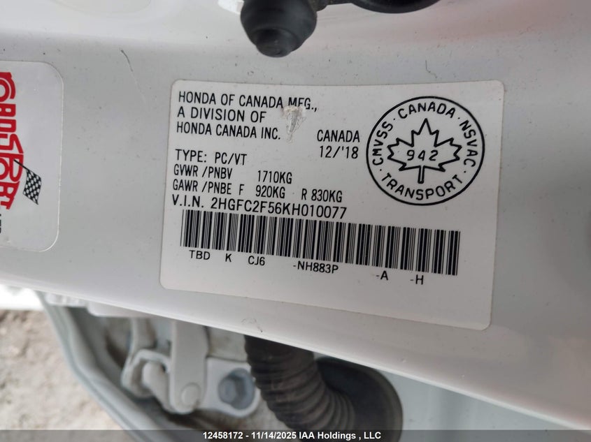 2019 Honda Civic Lx VIN: 2HGFC2F56KH010077 Lot: 12458172