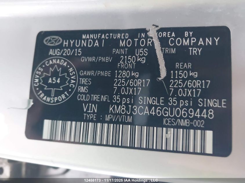 2016 Hyundai Tucson Premium VIN: KM8J3CA46GU069448 Lot: 12458173