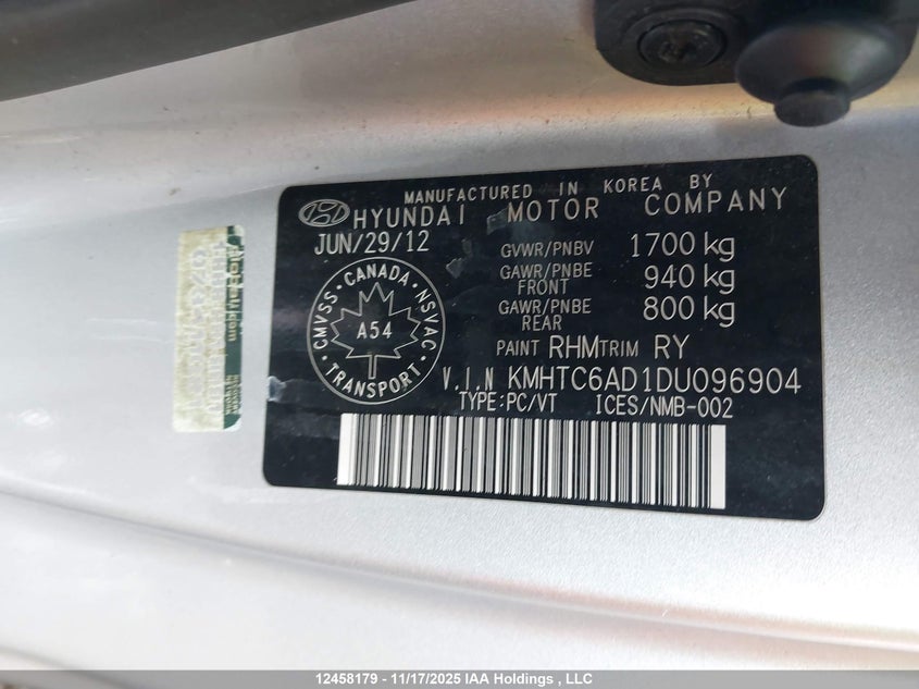 2013 Hyundai Veloster Tech VIN: KMHTC6AD1DU096904 Lot: 12458179