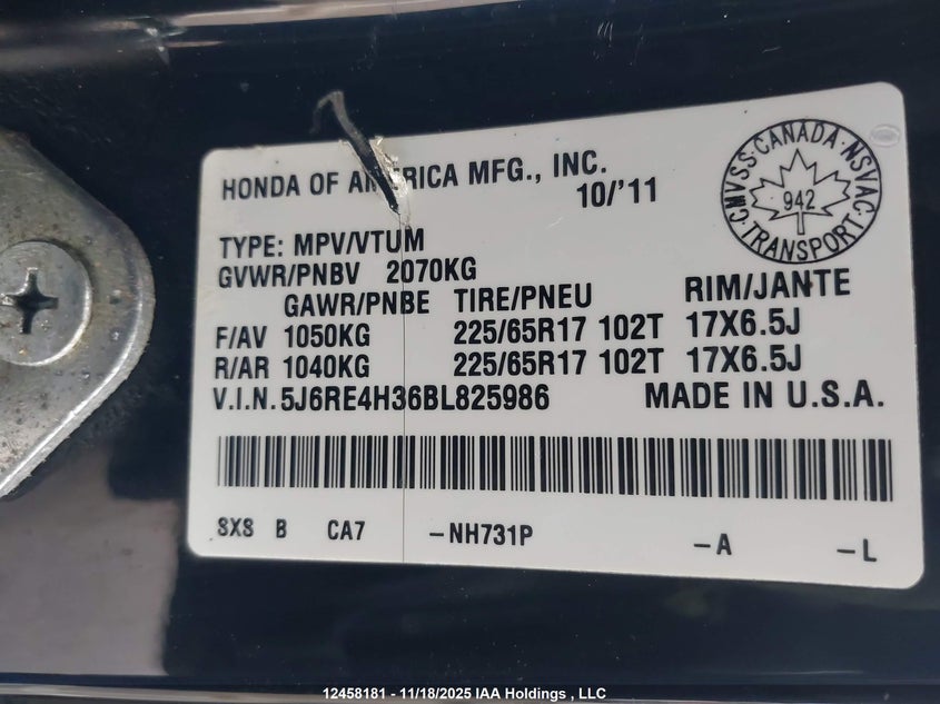 2011 Honda Cr-V Lx VIN: 5J6RE4H36BL825986 Lot: 12458181