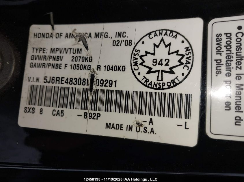 2008 Honda Cr-V Lx VIN: 5J6RE48308L809291 Lot: 12458195