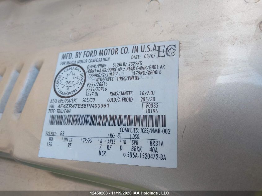 2008 Mazda B4000 Se VIN: 4F4ZR47E58PM00961 Lot: 12458203
