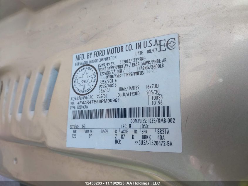 2008 Mazda B4000 Se VIN: 4F4ZR47E58PM00961 Lot: 12458203