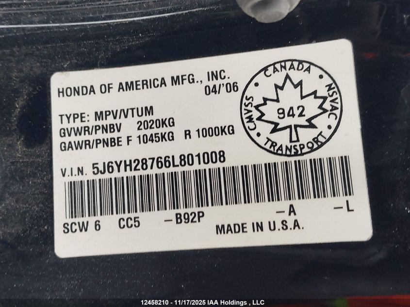2006 Honda Element Ex VIN: 5J6YH28766L801008 Lot: 12458210