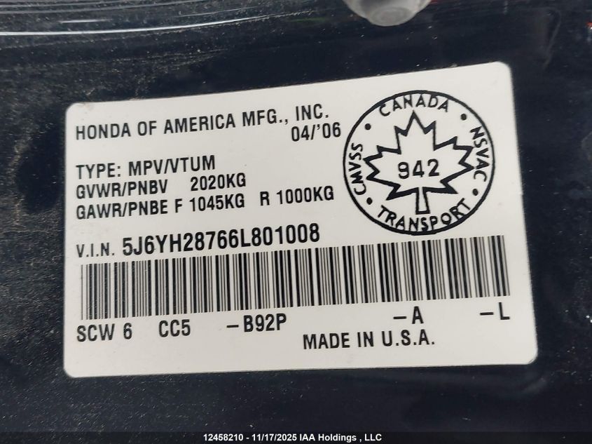 2006 Honda Element Ex VIN: 5J6YH28766L801008 Lot: 12458210