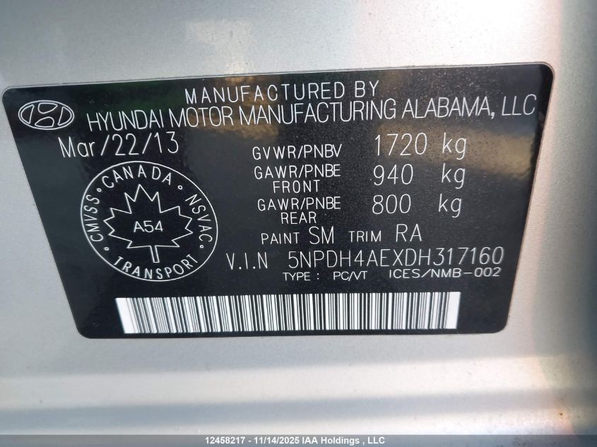 2013 Hyundai Elantra Gl VIN: 5NPDH4AEXDH317160 Lot: 12458217