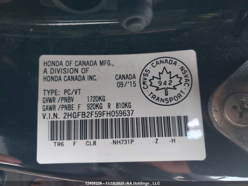 2HGFB2F59FH059637 2015 HONDA CIVIC photo no. 9