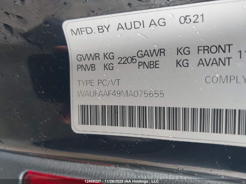 2021 Audi A4 45 Technik VIN: WAUFAAF49MA075655 Lot: 12458227
