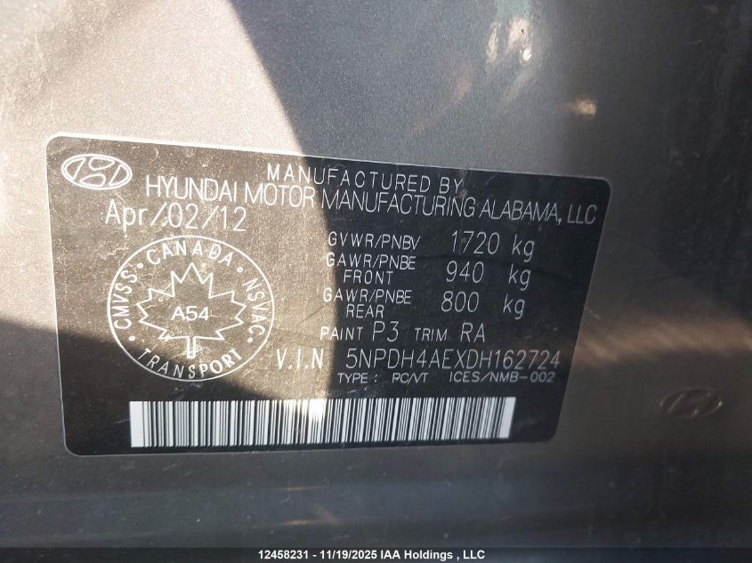 2013 Hyundai Elantra VIN: 5NPDH4AEXDH162724 Lot: 12458231