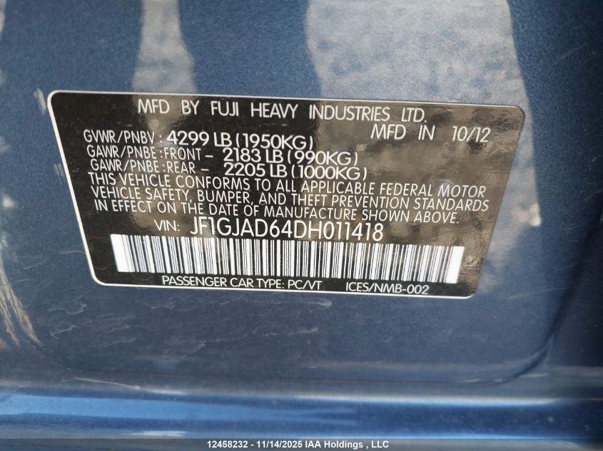 2013 Subaru Impreza 2.0I Touring Package VIN: JF1GJAD64DH011418 Lot: 12458232