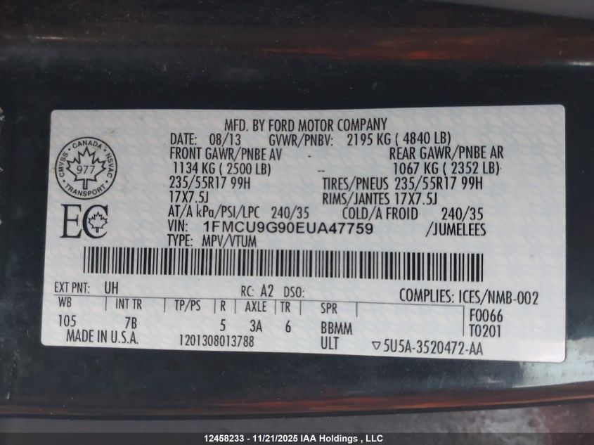 2014 Ford Escape Se VIN: 1FMCU9G90EUA47759 Lot: 12458233