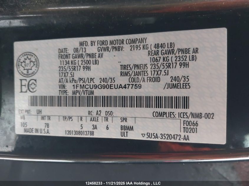 2014 Ford Escape Se VIN: 1FMCU9G90EUA47759 Lot: 12458233