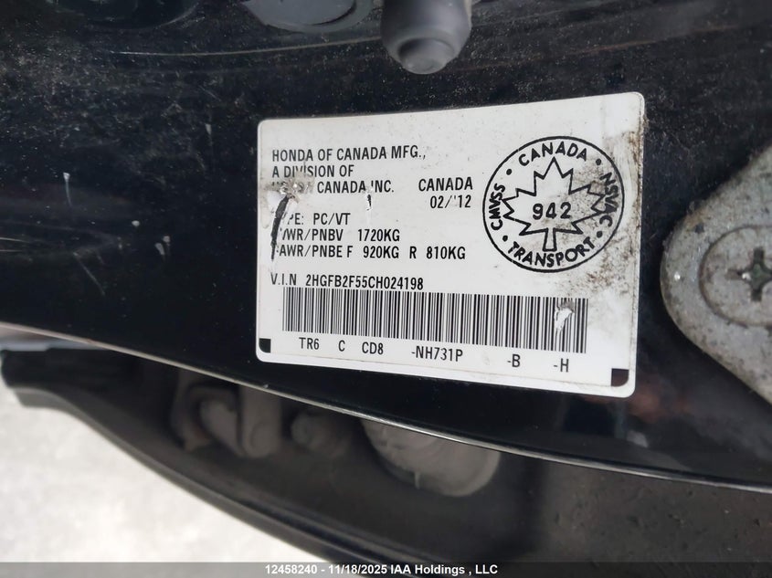 2HGFB2F55CH024198 2012 HONDA CIVIC photo no. 9