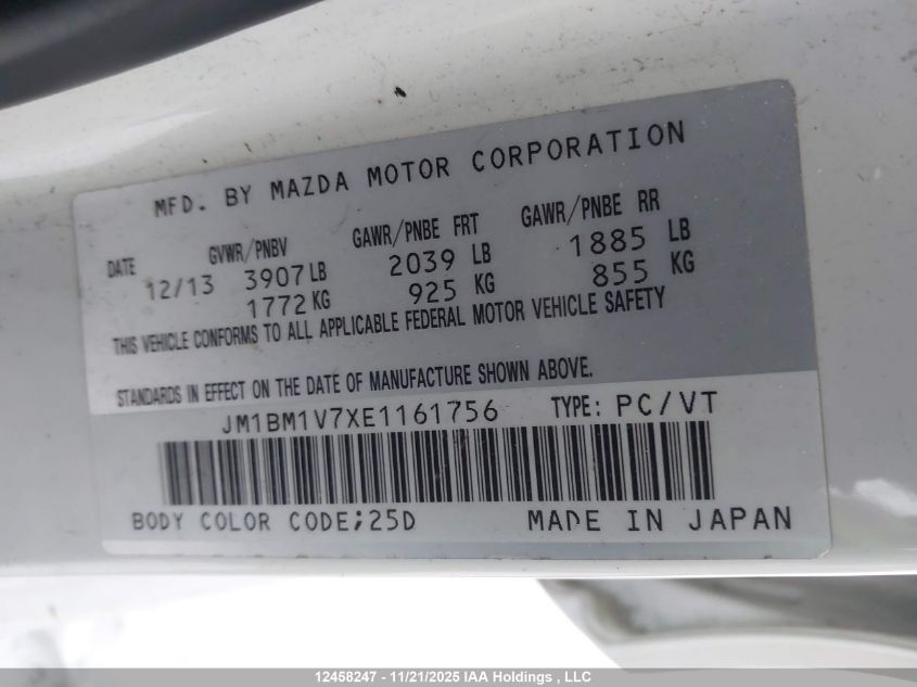 2014 Mazda 3 Touring VIN: JM1BM1V7XE1161756 Lot: 12458247