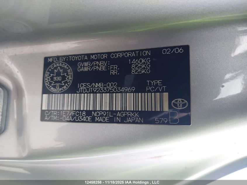 2007 Toyota Yaris VIN: JTDJT923375034969 Lot: 12458258