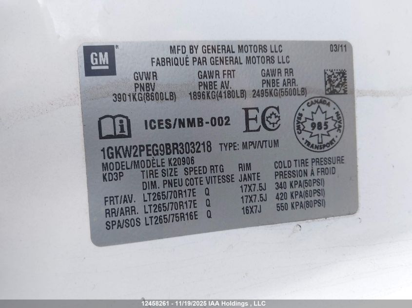 2011 GMC Yukon Xl K2500 VIN: 1GKW2PEG9BR303218 Lot: 12458261
