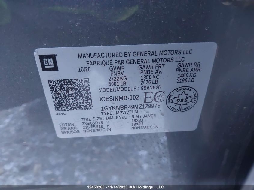 2021 Cadillac Xt5 Luxury VIN: 1GYKNBR49MZ129975 Lot: 12458265