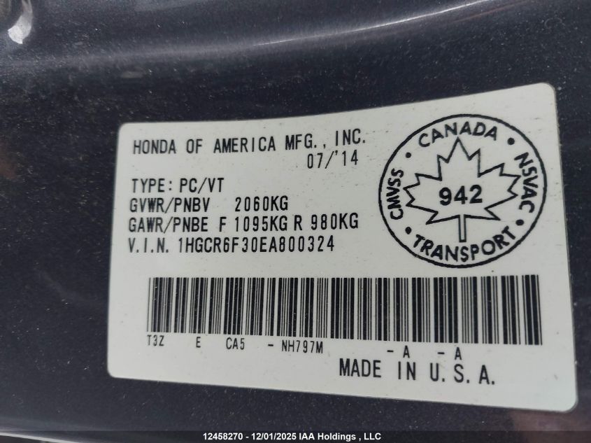 2014 Honda Accord Hybrid VIN: 1HGCR6F30EA800324 Lot: 12458270