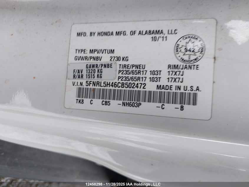 5FNRL5H46CB502472 2012 HONDA ODYSSEY photo no. 9