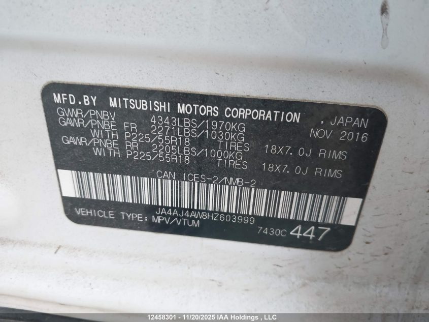 2017 Mitsubishi Rvr VIN: JA4AJ4AW8HZ603999 Lot: 12458301