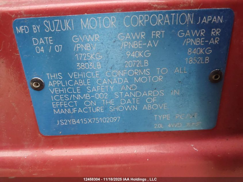 2007 Suzuki Sx4 Jlx VIN: JS2YB415X75102097 Lot: 12458304