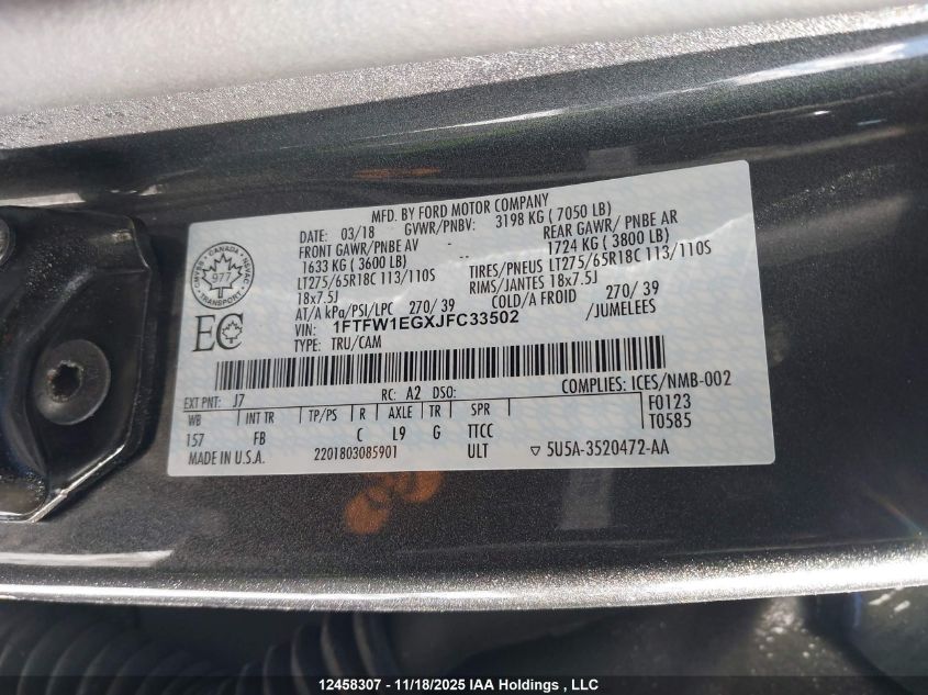 2018 Ford F150 Supercrew VIN: 1FTFW1EGXJFC33502 Lot: 12458307