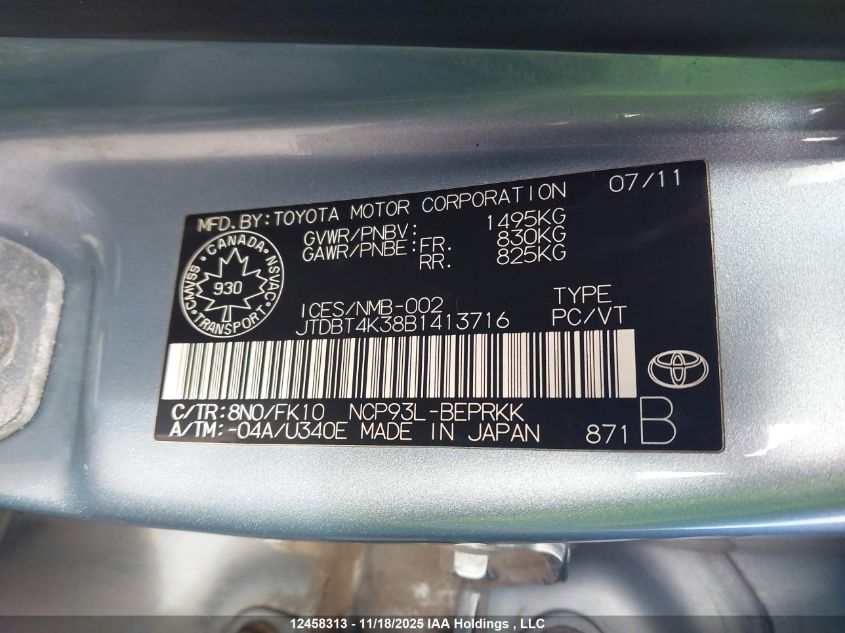 2011 Toyota Yaris VIN: JTDBT4K38B1413716 Lot: 12458313