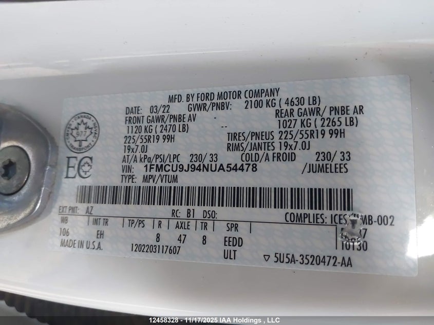 1FMCU9J94NUA54478 2022 FORD ESCAPE photo no. 9