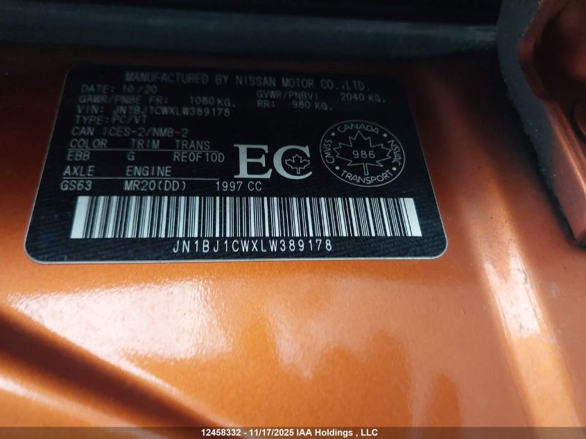 2020 Nissan Rogue Sport S/Sv/Sl VIN: JN1BJ1CWXLW389178 Lot: 12458332