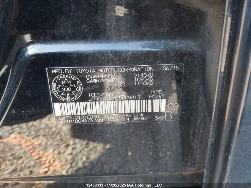 2015 Lexus Is 350 VIN: JTHCE1D24F5009813 Lot: 12458333