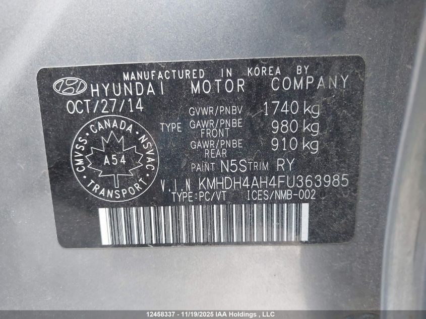 2015 Hyundai Elantra VIN: KMHDH4AH4FU363985 Lot: 12458337