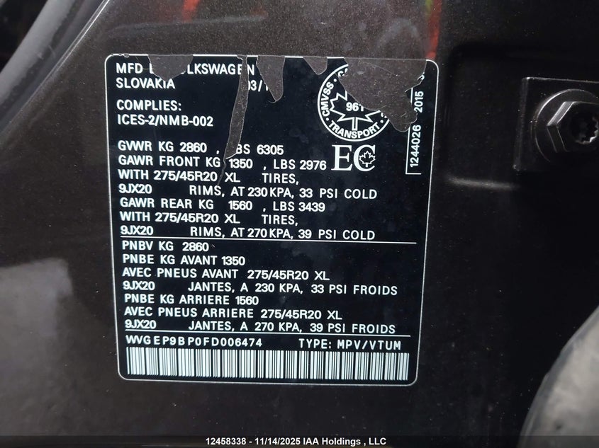 2015 Volkswagen Touareg V6 Tdi VIN: WVGEP9BP0FD006474 Lot: 12458338