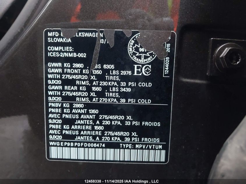 2015 Volkswagen Touareg V6 Tdi VIN: WVGEP9BP0FD006474 Lot: 12458338