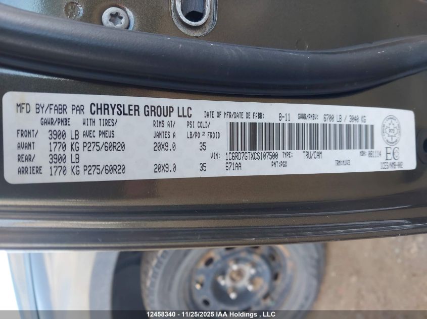 2012 Ram 1500 Slt VIN: 1C6RD7GTXCS107500 Lot: 12458340