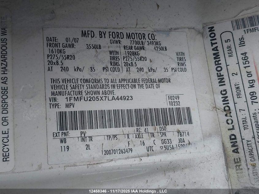 2007 Ford Expedition Limited VIN: 1FMFU205X7LA44923 Lot: 12458346